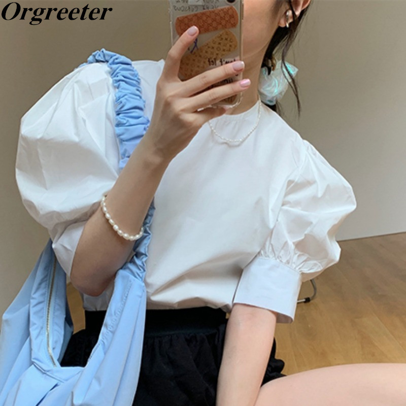 Arrival Temperament Loose Sweet Ruched Puff sleeve Shirtfor Women Round neck Pullover Tops Female Solid Color Cotton Blouse 210525, White
Arrival Temperament Loose Sweet Ruched Puff sleeve Shirtfor Women Round neck Pullover Tops Female Solid Color Cotton Blouse 210525, White