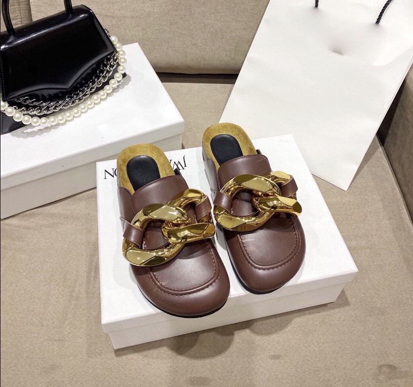 Gold Chain Decor Round Toe Flat Mules Lazy Loafers Shoes Women's Outdoor Genuine Leather Casual Slippers Female, Khaki