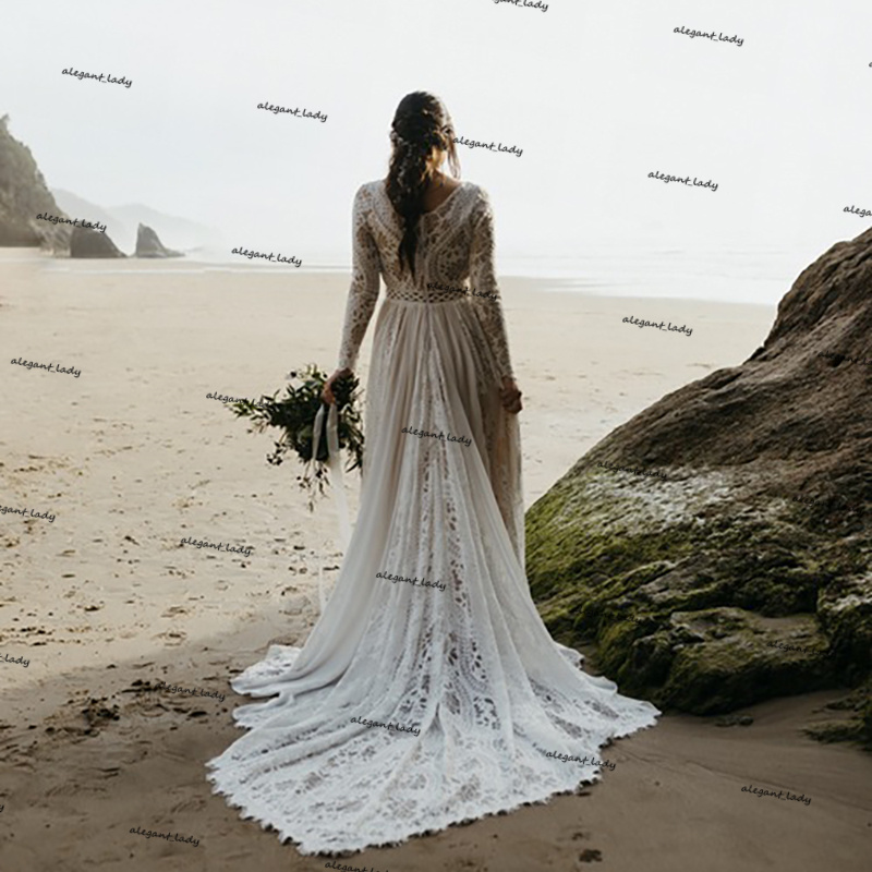 Crochet Cotton Lace Wedding Dresses 2021 Hippie Beach Boho Fairy Chiffon Skirt Long Sleeve Champagne Lining Bridal Gown