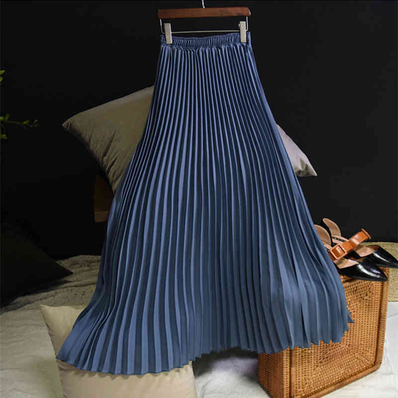 Ladies Summer Women Skirt Female Vintage Long Skirts Womens Maxi Casul Solid Elastic High Waist Women Pleated Skirt Saias Jupe 210416