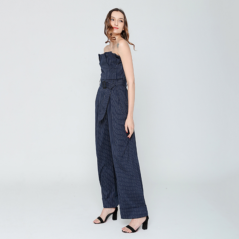 TWOTWINSTYLE Casual Striped Jumpsuit For Women Strapless Sleeveless High Waist Wide Leg Pants Female Jumpsuits Spring Tide 210428