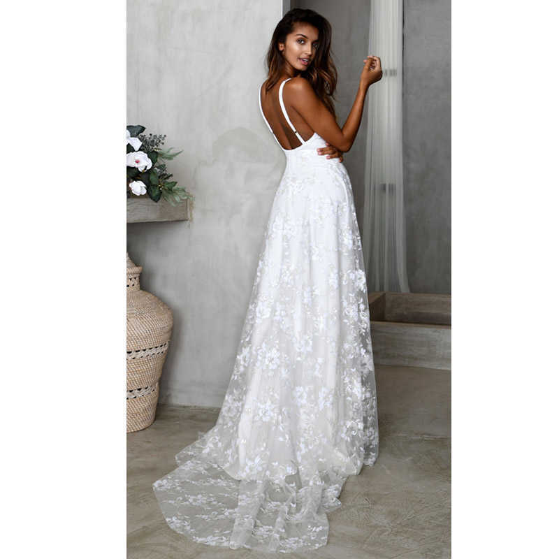 Women Boho Long Maxi Dress Summer Sexy Ladies Lace Beach Evening Party Wedding Dresses Sleeveless Sling V-Neck Slit Dress 210527