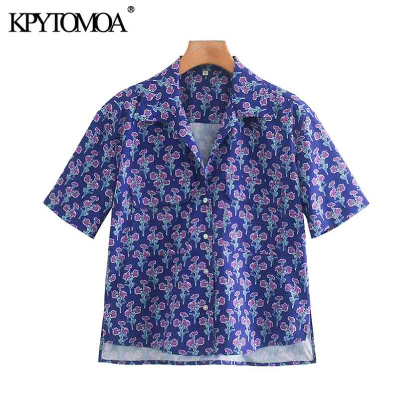 Women Fashion Pockets Floral Print Loose Irregular Blouses Short Sleeve Button-up Female Shirts Chic Tops 210420