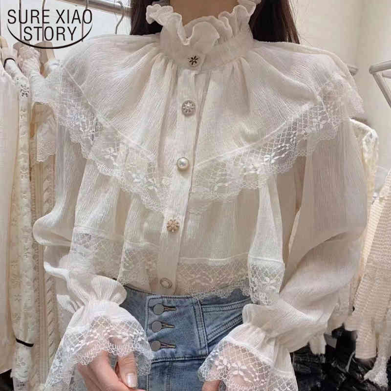 Fashion Lace Chiffon Bouse Spring Korean Chic Turtleneck Long Sleeve Shirt Women Ruffles Button Ladies Tops 12947 210506