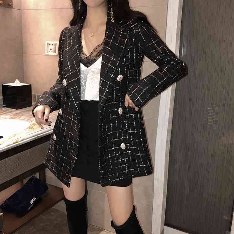 Vintage Plaid Tweed Jacket Women Spring Double Breasted Notched Pocket Jackets Long Sleeve Wool Outerwear 210519