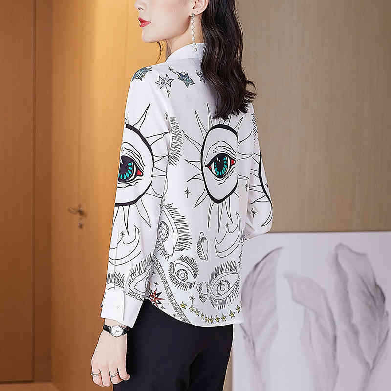 Spring/autumn Korean Style Women Casual Long Sleeve Turn-down Collar Blouse All-matched Vintga Print Chiffon Shirt 210515