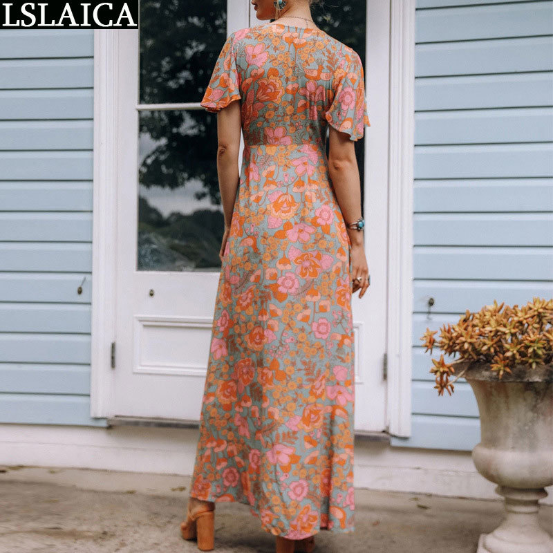 Party Dress Short Sleeve Floral Print Fashion Casual Lacing Up Ladies High Waist Beach Style Holiday Elegant Femme 210515
