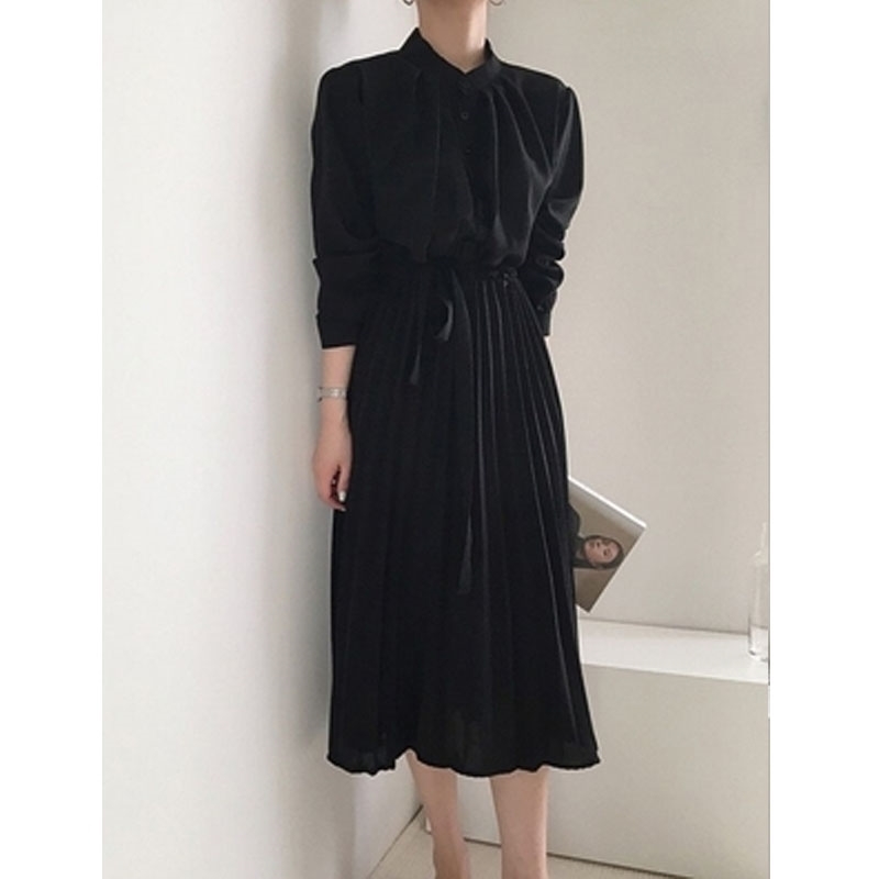 French Style Temperament Long Sleeve Women's Dress with Belt Early Spring Single Breasted Pleated Vestidos 12757 210427