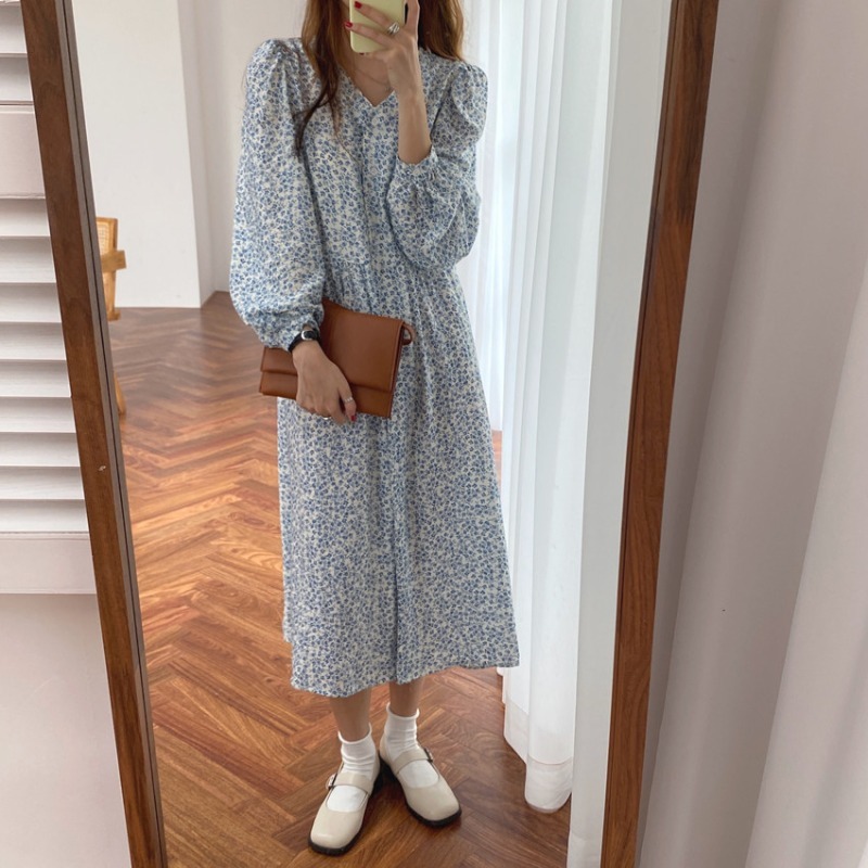 Spring Vintage Floral Pleated Chiffon Casual Slit Dress Women Sleeve Elegant V Neck Loose Long Dresses D12701X 210416