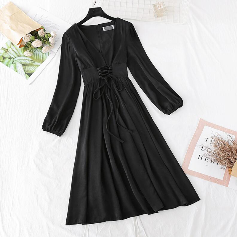 Solid Vintage V-neck Bandage Dress Spring Elegant Slim Party Women Dress High Waist Long Sleeve A-line Dress Midi Vestidos 210521