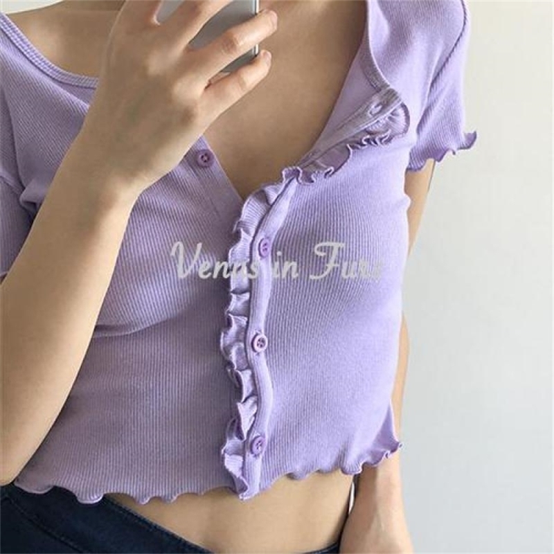 Summer Sexy Crop Tops Women Slim O Neck Sweet Ruffles Single Breasted Short T Shirts Womens Clothing Top 210525, White
Summer Sexy Crop Tops Women Slim O Neck Sweet Ruffles Single Breasted Short T Shirts Womens Clothing Top 210525, White