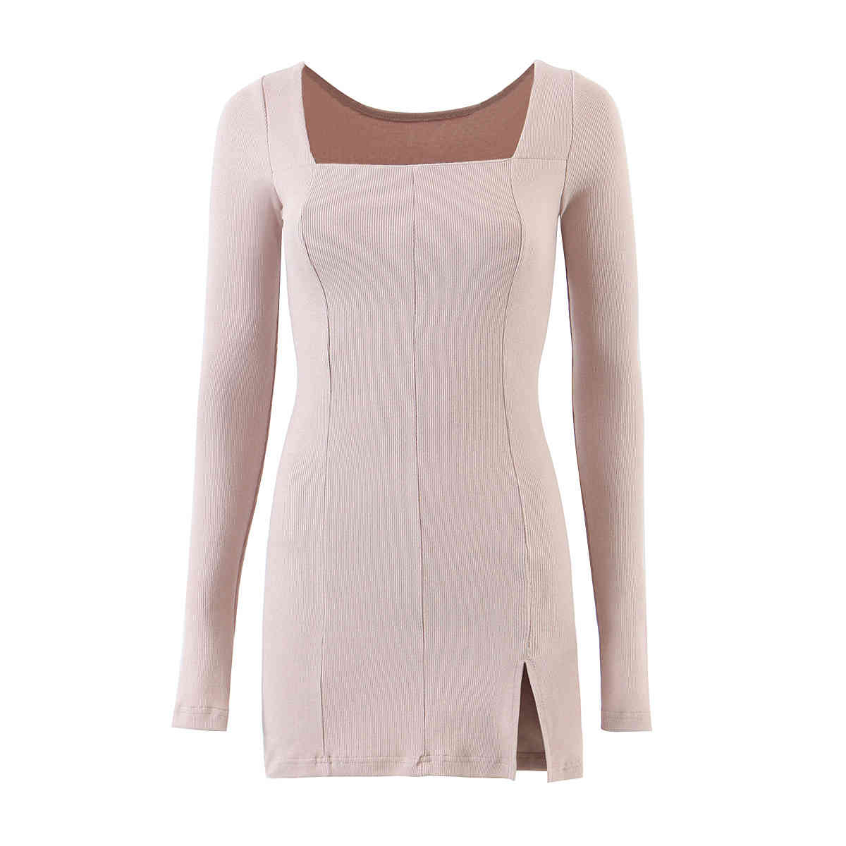 Sexy Side Slit bodycon Mini Dress Retro Women Square Collar Stretch Split Long Sleeve Dresses 210429