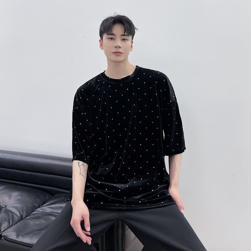 IEFB Men's Summer Black Velour Short Sleeve T-shirts Round Collar Drilling Dot Causal Tee Tops For Male 9Y7028 210524