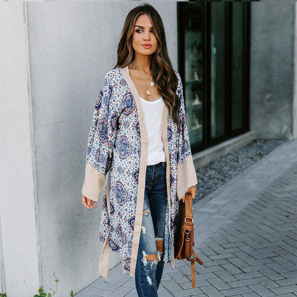 Boho Print Robes Bathing Suit Cover-ups Plus Size Beach Wear Self Belted Kimono Dress Women Summer Swimsuit Cover Up A817 210420