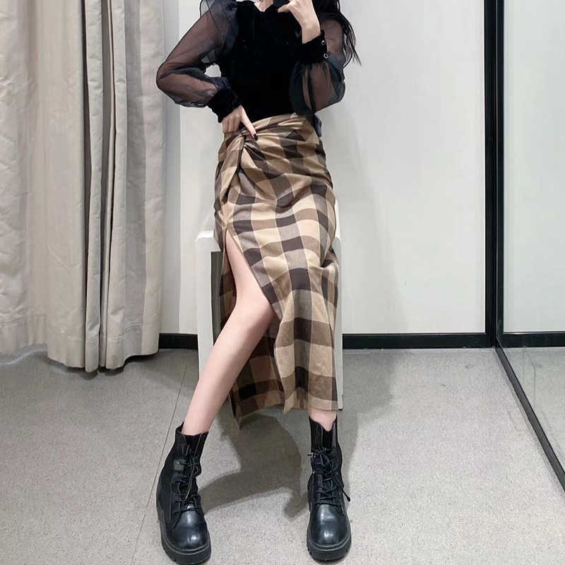 Vintage Elegant Plaid Women Skirts Lady Office Autumn Pencil Long Girls Skirt Female Mid-Calf Mujer skirt 210619