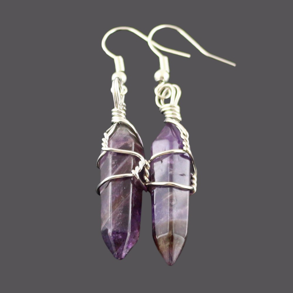 Wired Wrap Bullet Earrings Natural Amethysts Opal Turquoises Quartz Dangle Earrings Healing Reiki Stone Pendulum Earrings Women