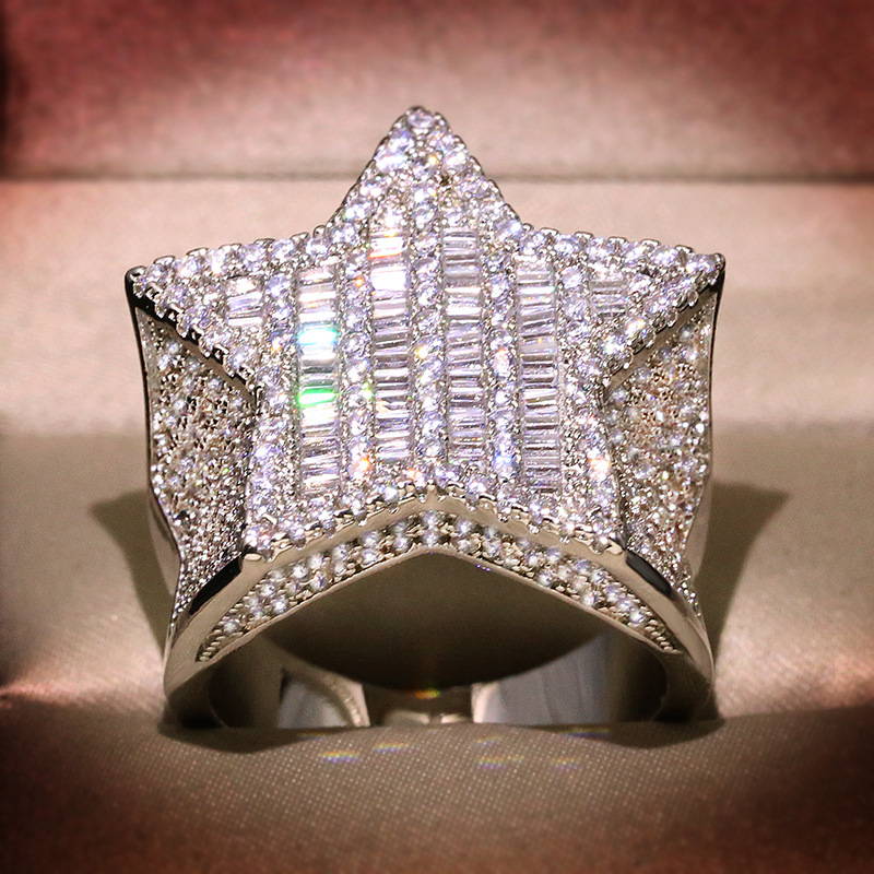 Mens Gold Ring Stones Iced Out Five-pointed Star Fashion Hip Hop Silver Rings Jewelry