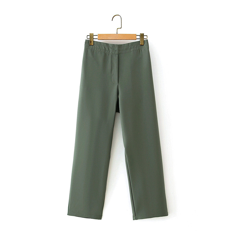 Women Casual Solid Suit Autumn Ankle-Length Pants Elastic High Waist Green Long Straight Office Lady 210421