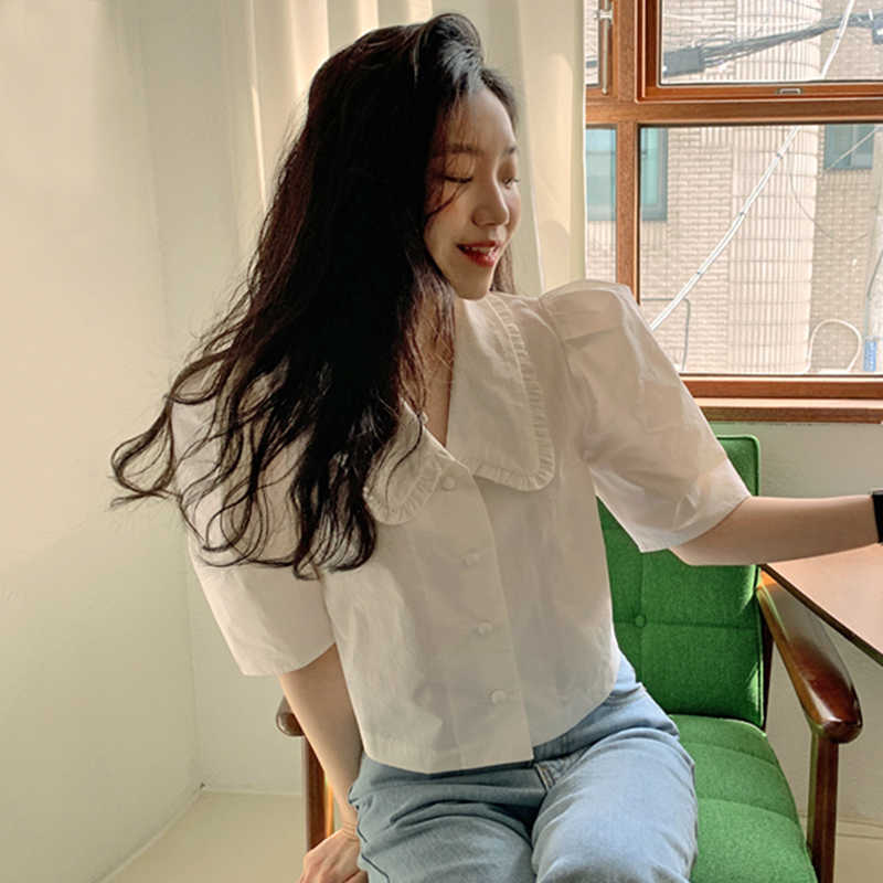 Korejpaa Women Shirt Summer Korean Chic Simple Doll Collar Wooden Ear Stitching Loose Single-Breasted Puff Sleeve Blouses 210526