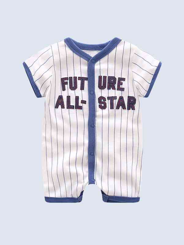 Baby Pinstriped Letter Patched Contrast Binding Romper SHE