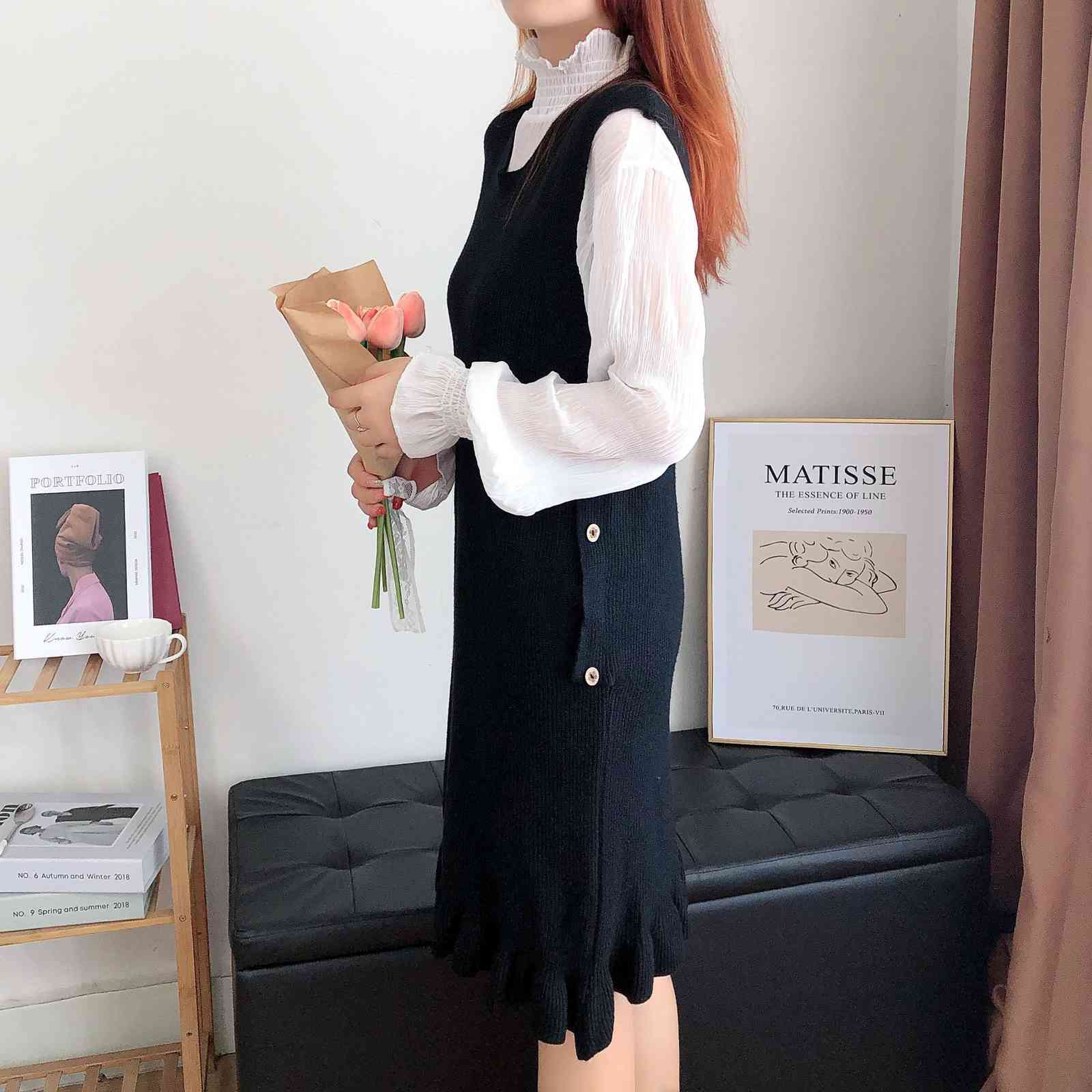 Knitted Two Pieces Set Women Autumn Winter Casual Suit Knit Vest Ruffle Dress White Mesh Blouse Korean Chic Ladies Sets 210519