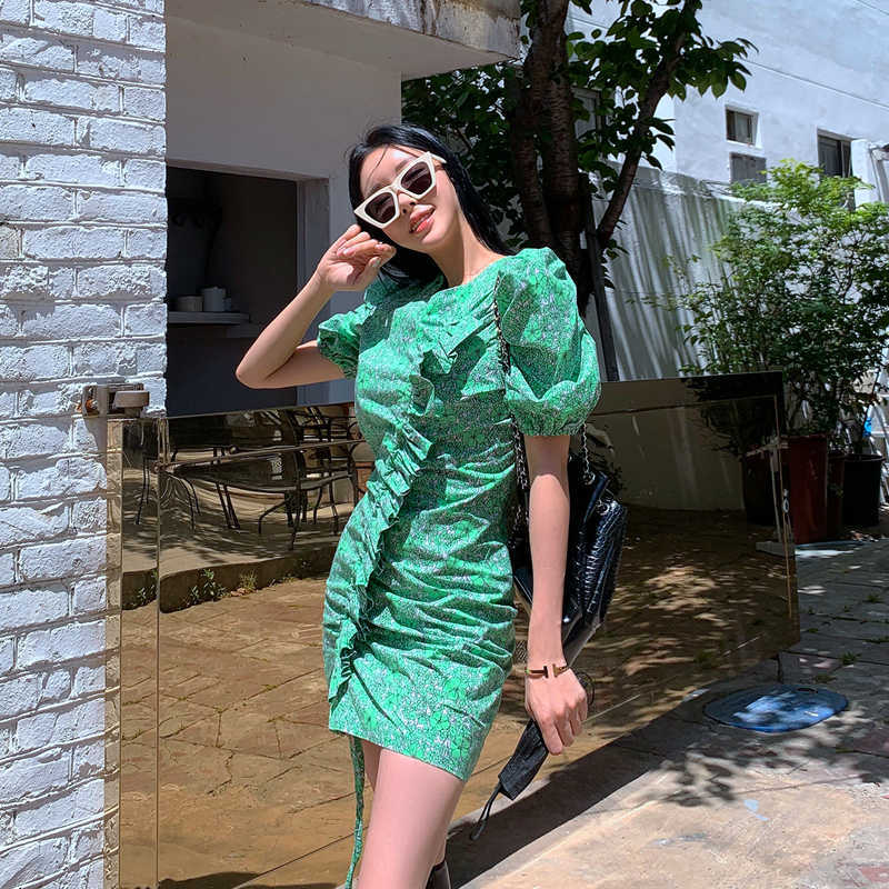 Floral Woman Dress Shirring Ruffle Fashion Elegant Slim Vestidos Femme Summer Puff Sleeve O-neck Dresses 6J599 210603
