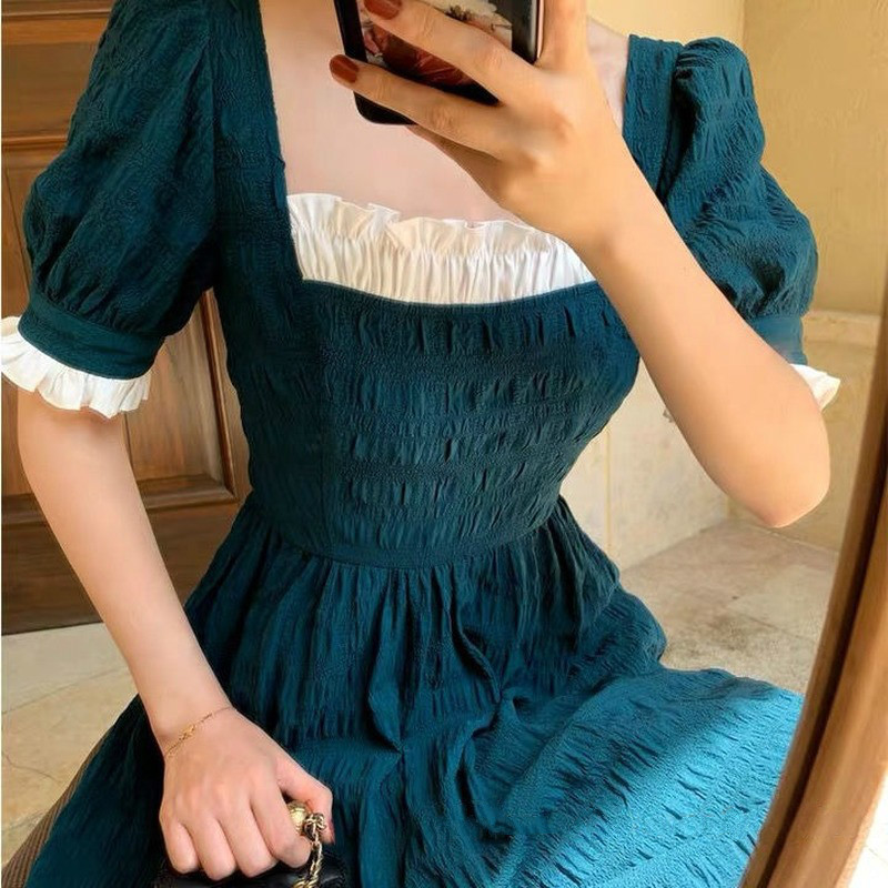 French Retro Long Fairy Dress Women Blue Square Collar Female Puff Sleeve Elegant Dress Summer Ladies Wedding Party Clothes 210331Z