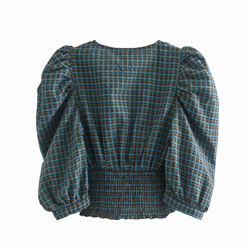 vintage v neck women short shirts summer fashion button-fly ladies blouses casual plaid female shirt sexy girls blouse 210430