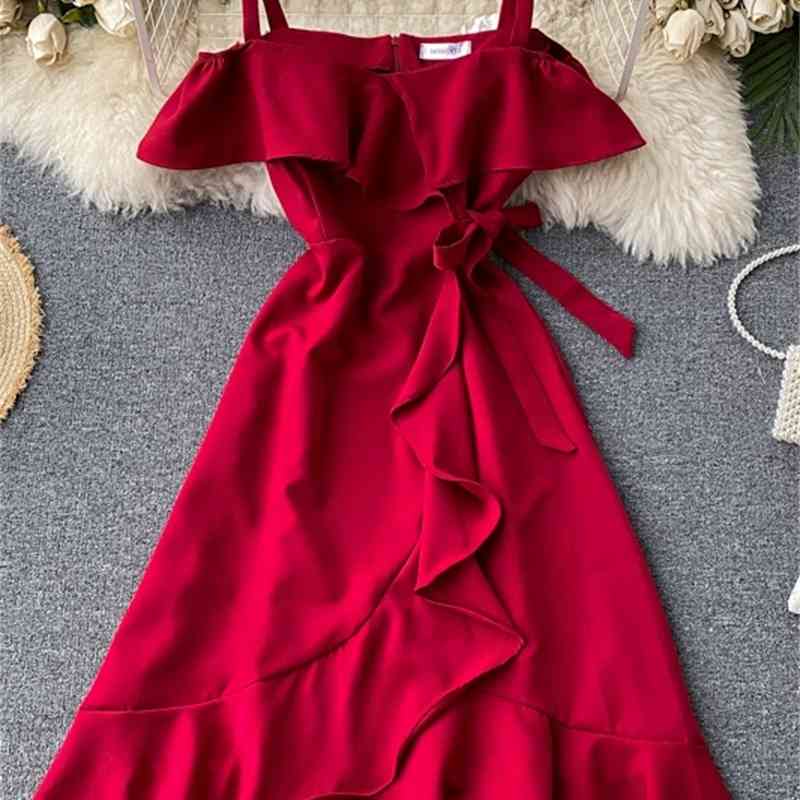 Summer Dress Off Shoulder Korean Vestido Bow Bandage Chic A-line Elegant Ruffle Dresses High Waist Retro Robe 26134 210519