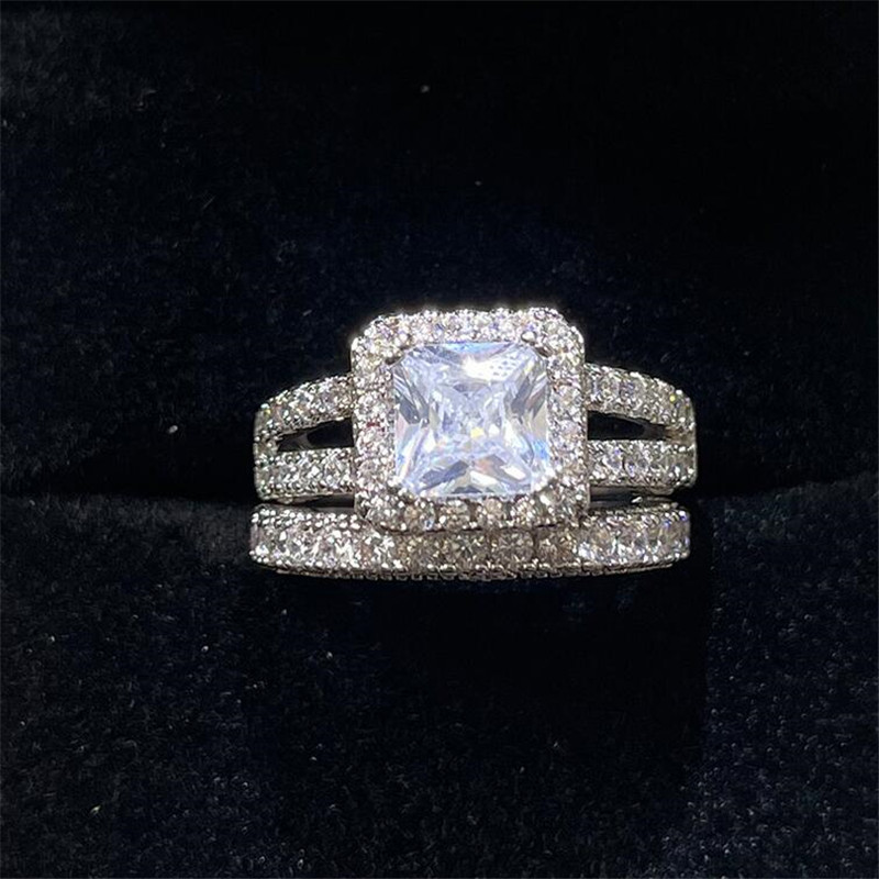 Choucong Women Fine Wedding Rings Luxury Jewelry Couple Real 925 Sterling Silver Princess Cut White Topaz CZ Diamond Gemstones Engagement Bridal Ring 