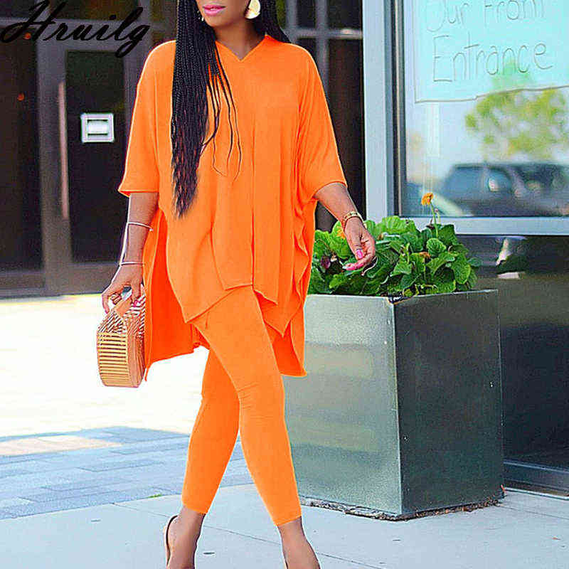Fall Clothes for Women 2 Peice Sets Half Sleeve V Neck Oversize Tops Pencil Pants Set Solid Autumn Sweat Suits Fashion Outfits 211105