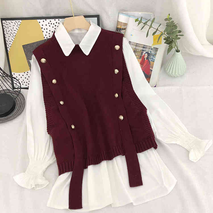 Elegant Two Pieces Set Women Button Bandage Sweater Vest + White Longsleeve Blouse Korean Fashion Clothes Suit 210422
