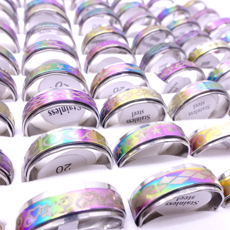 Wholesae 100PCs Lot Stainless Steel Spin Band Rings Rotatable Multicolor Laser Printed Mix Patterns Fashion Jewelry Spinner Party