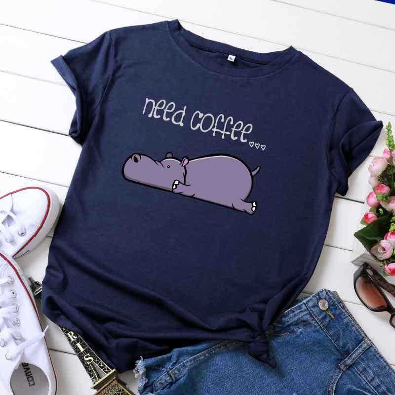 Fashion 100% Cotton Women T-Shirt Casual Loose O-Neck Short Sleeve Lazy Cartoon Need Coffee Summer Ladie Tees Top W873 210526