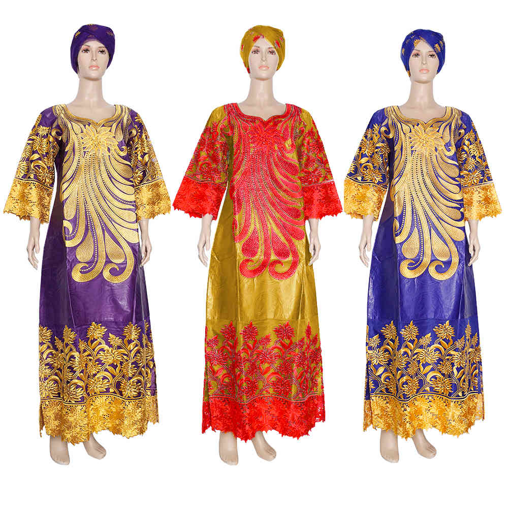H&D Bazin Riche Dashiki Dress Women Embroidery Flowers Lace Dresses Boubou African Dress Headtie Two Piece Set Wedding Clothes 210408