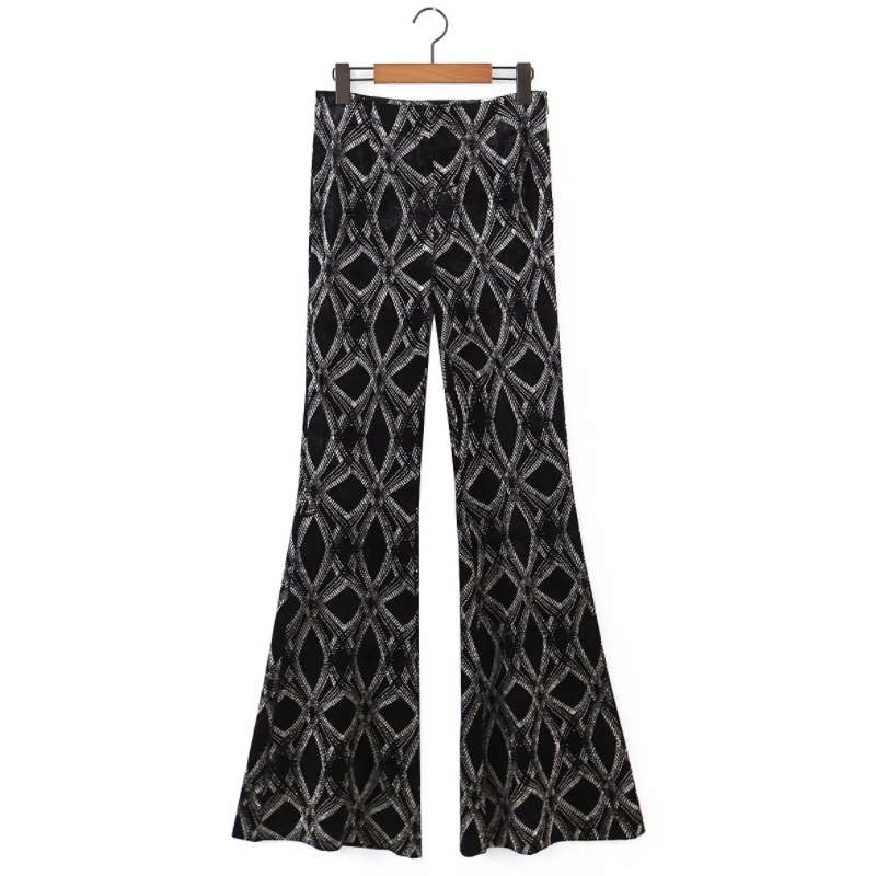 Spring Women Geometric Printing Velvet Flare Pants Casual Lady Loose Trousers P1980 210430