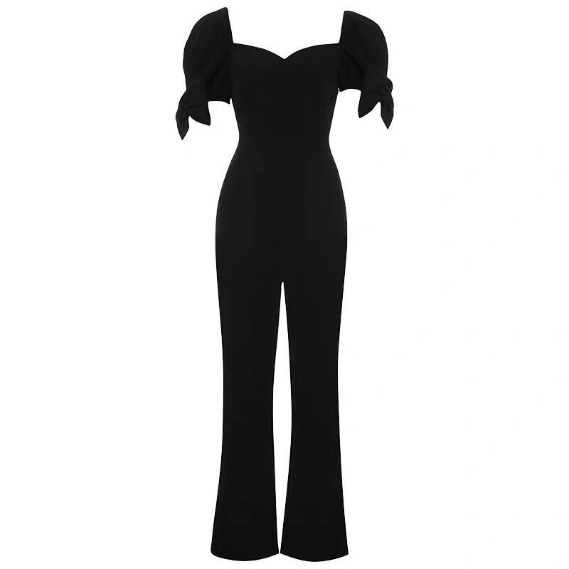 High Quality Fashion Sexy Strapless Jumpsuits Women Summer Puff Sleeve Casual Waist Jump Suit Playsuit Silm Long Jumpsuit 210506