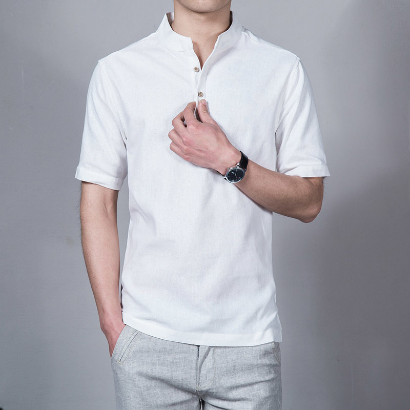 Fashion Summer Shirts Men Short Sleeve Mandarin Collar Men Linen Shirt Breathable Solid Color Casual White Shirts 4xl 5xl 210412