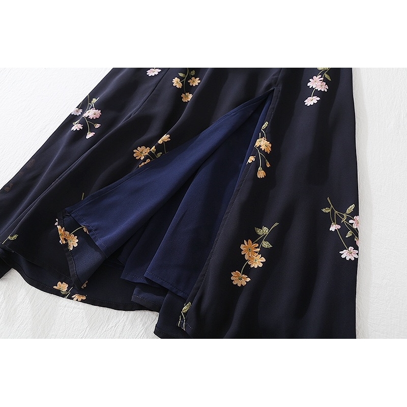 Vintage France Style Navy Floral Print Strap Ruffles Hem Midi Dress Retro Sexy Women Slit Elastic Slim Sling Tea 210429