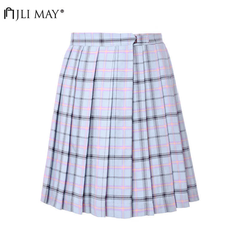 JLI MAY High Waist Pleated Mini Skirts Girls Harajuku Skirt Solid Plaid Casual chic Japan Korean style school uniform Plus size 210619