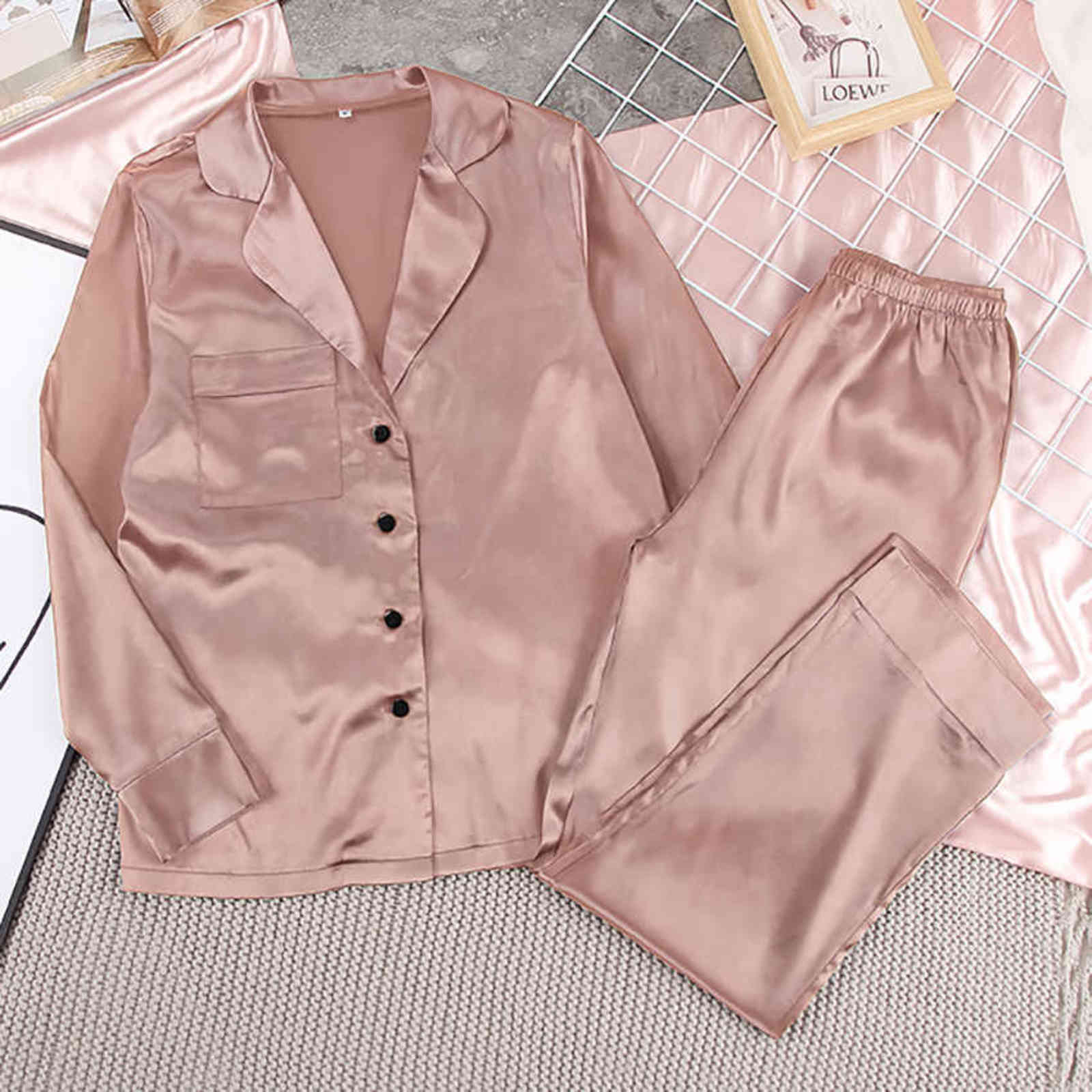 HECHAN Blue Women Pajamas Turndown Collar Pocket Long Sleeve Casual Pants 2 Piece Set Sleepwear Female Home Suit Sets Nightwear 211118