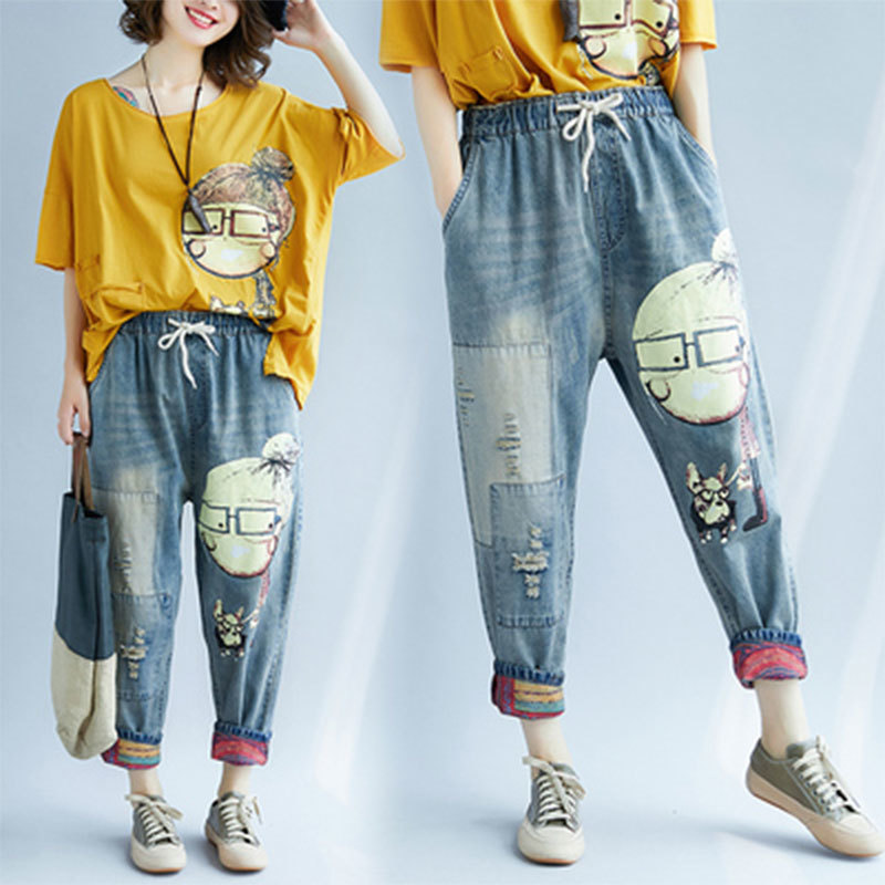 Arrival Spring Autumn Arts Style Cartoon Print Loose Casual Jeans Vintage Hole Cotton Denim Harem Pants Plus Size M583 210512
