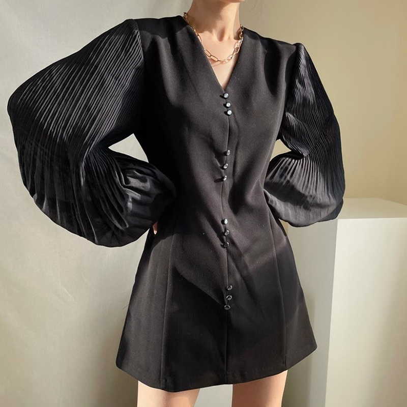 Spring Korean Chic V-neck Women Dresses Elegant Lantern Sleeve Solid Vestidos Vintage Patchwork Loose Femme Robe 210519