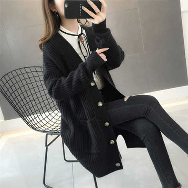 Ladies Knitted V-neck Cardigan Mid-length Casual Loose Single-breasted Coat Jacket Female Thick Outwear Women's Autumn Winter 211011Z
