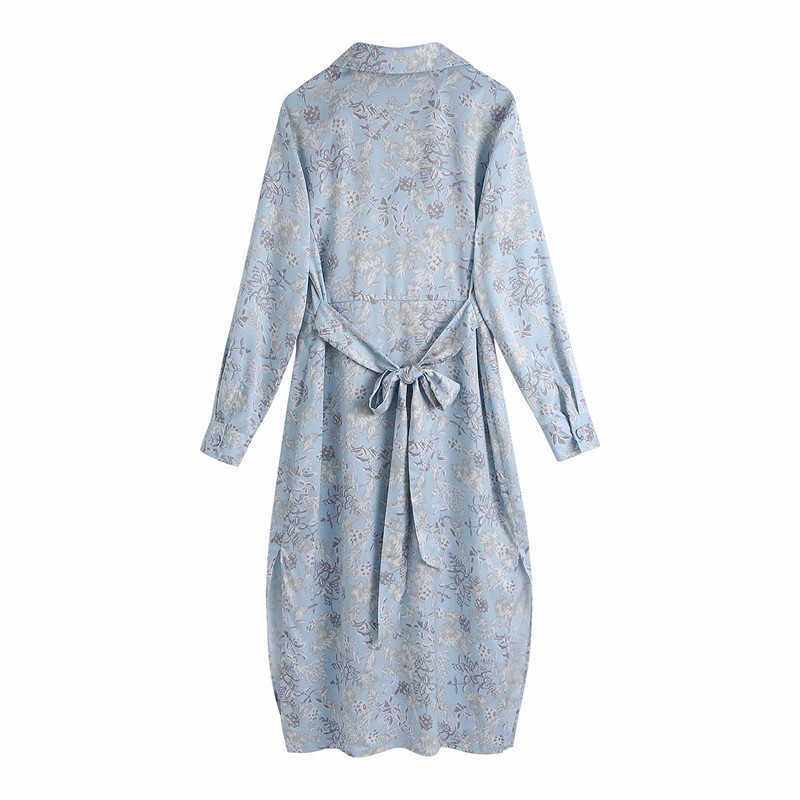 Za Print Shirt Dress Women Long Sleeve Knotted Sky Blue Midi Dresses Chic Button Up Side Vents Woman Vintage Summer Dress 210602