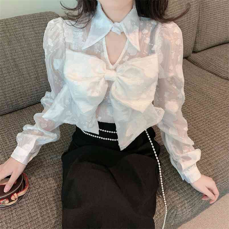 Sweet Big Bowknot Shirt For Women Turn Down Collar Blouse Female Summer Sexy Hollow out Tops Clothes 210519