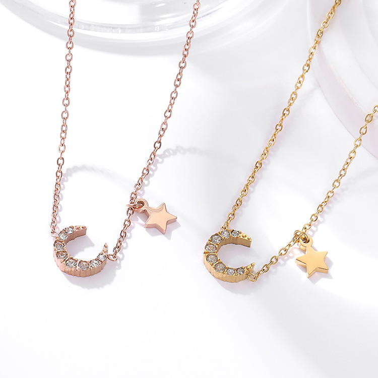 Fashion Womens 18K Gold Plated Stainless Steel Star and Moon Pendant Necklace