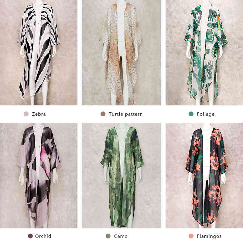 Boho Print Chiffon Tunic Sexy Bathing Suit Cover-ups Plus Size Beach Wear Kimono Dress Women Summer Swimsuit Cover Up A793 210420