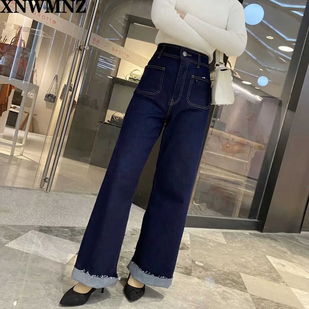 XNWMNZ Za women Fashion premium patch pocket marine straight jeans ladies Vintage High-waist Female trousers girls pants 210809