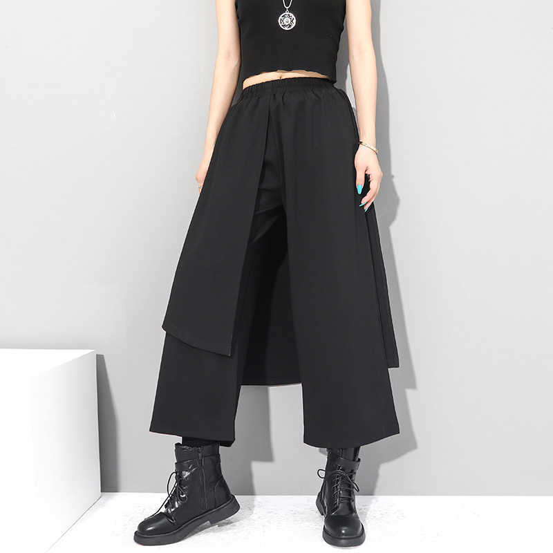 [EAM] High Elastic Waist Black Irregular Long Wide Leg Trousers Loose Fit Pants Women Fashion Spring Autumn 1Z289 211115